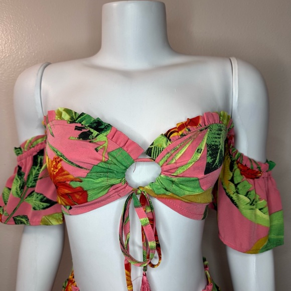 Peach floral print high waisted wide leg pants off the shoulder crop top set - Picture 4 of 10